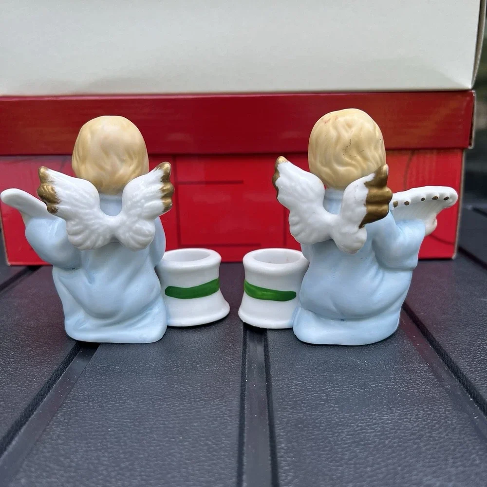 Vtg 1980s Porcelain Musical Angel Taper Candle Holders Aldon Hand Painted Taiwan